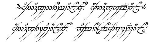 

		 Надпись на Кольце Всевластия, сделанная на Чёрном наречии с использованием эльфийского письма тенгвар.<br></br>

	