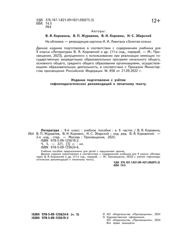 Литература. 9 класс. Учебное пособие. В 6 ч. Часть 5 (для слабовидящих обучающихся) 4